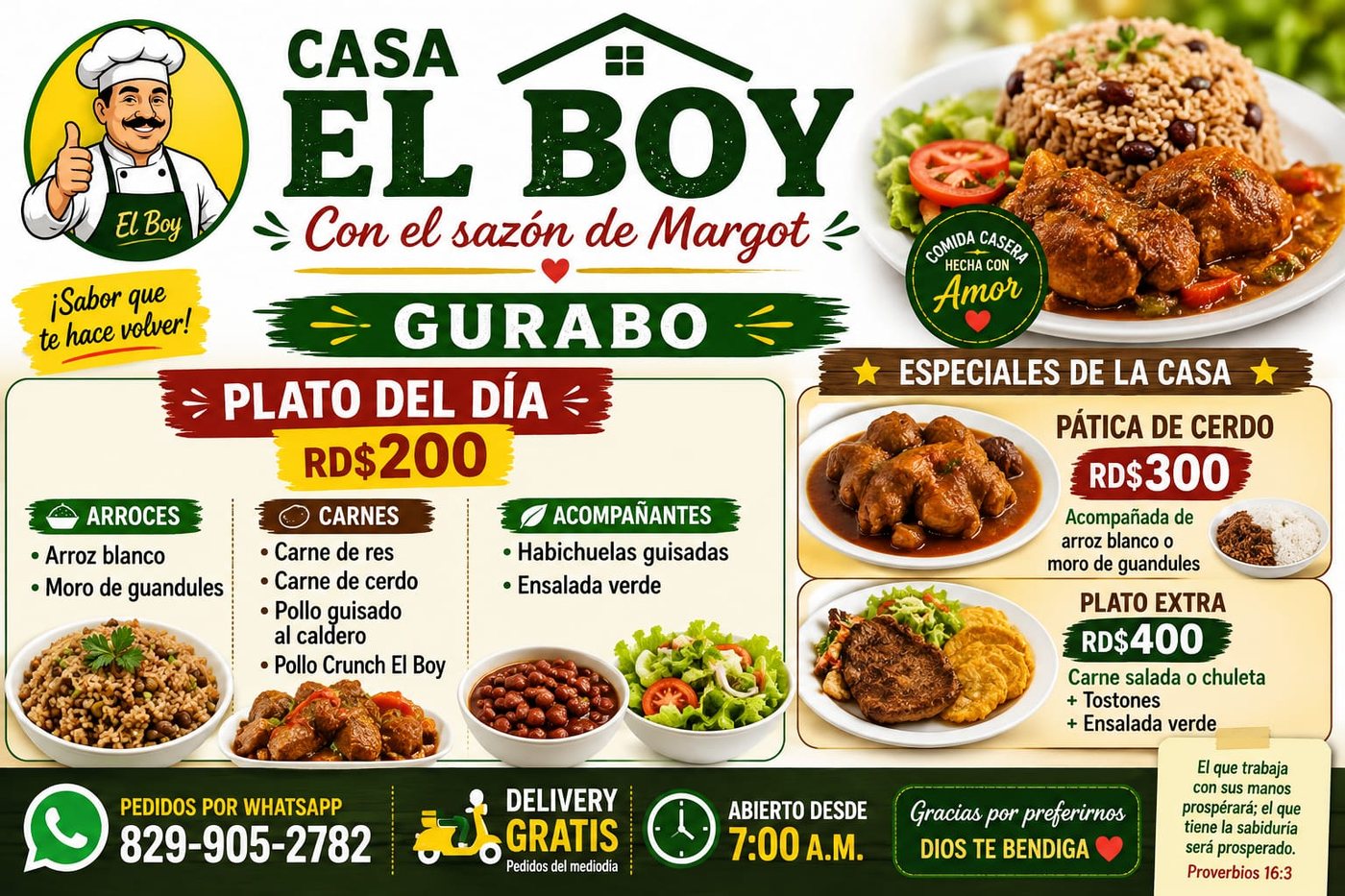 Ejemplo del menú del día de Casa El Boy, con precios de la casa